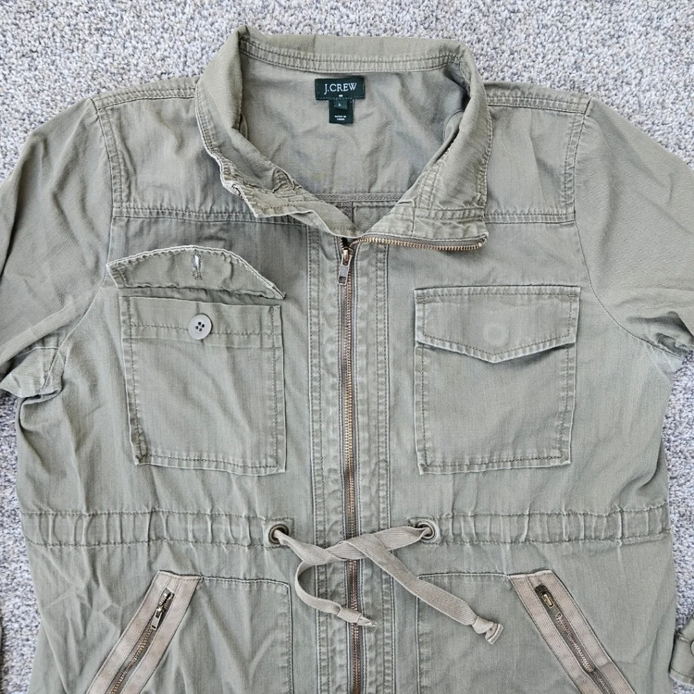 J Crew Military Field Jacket Olive Green Pockets Zip Up Cinch Waist Womens Large